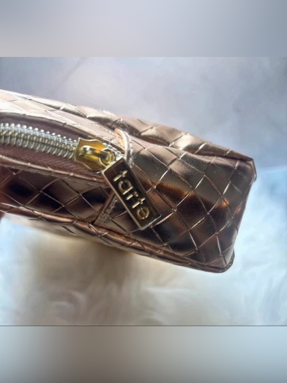 New Tarte Metallic Gold Woven Makeup Bag + Makeup Brush